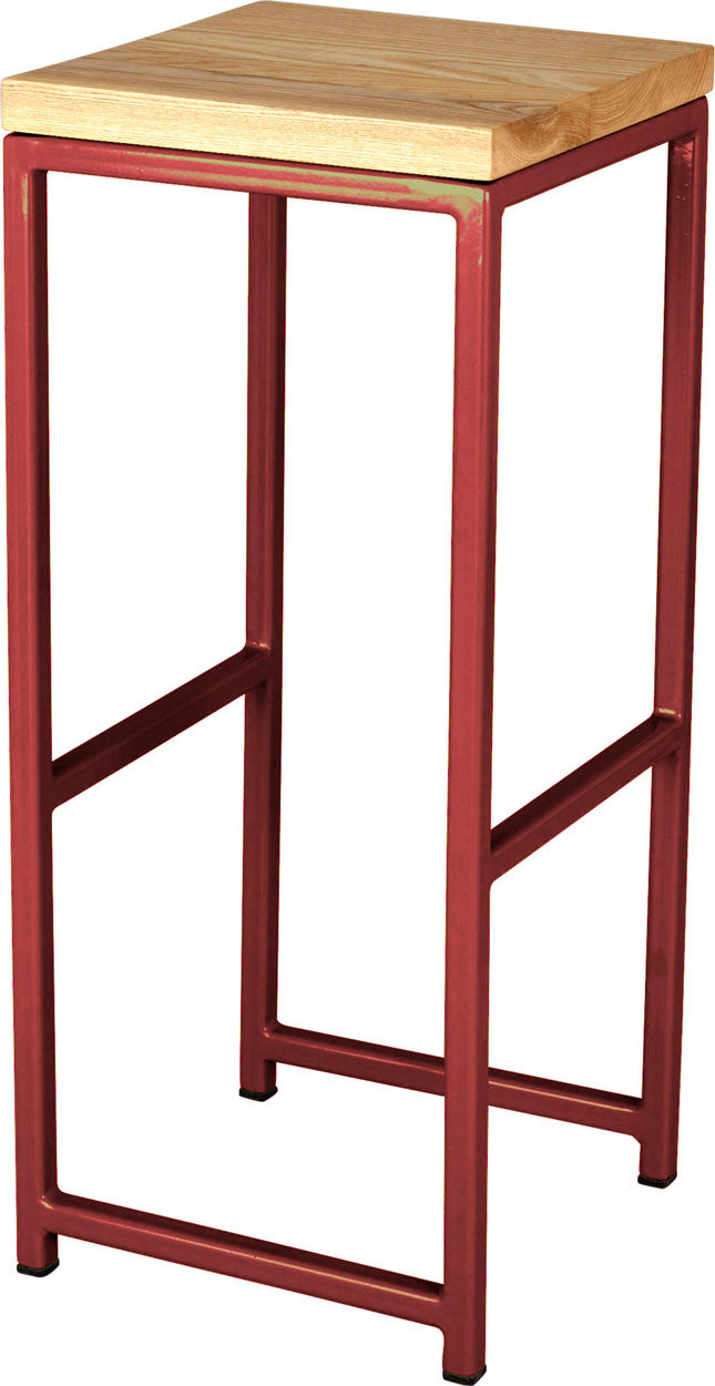 Crimson red metal stool with natural stain ash wood made in UK - angle view square frame