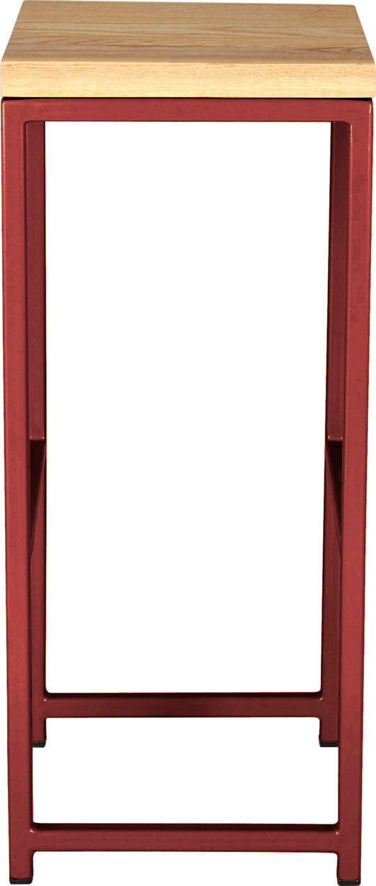 Crimson red metal stool with natural stain ash wood made in UK - side view square frame