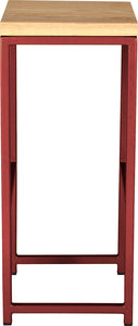 Crimson red metal stool with natural stain ash wood made in UK - side view square frame