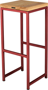 Crimson red metal stool with natural stain ash wood made in UK - back side view square frame