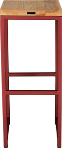 Crimson red metal stool with natural stain ash wood made in UK - back view square frame