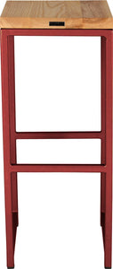 Crimson red metal stool with natural stain ash wood made in UK - back view square frame