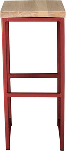 Crimson red metal stool with whitewash stain ash wood made in UK - front view square frame