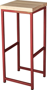 Crimson red metal stool with whitewash stain ash wood made in UK - angle view square frame