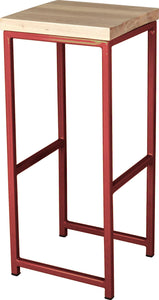 Crimson red metal stool with whitewash stain ash wood made in UK - angle view square frame