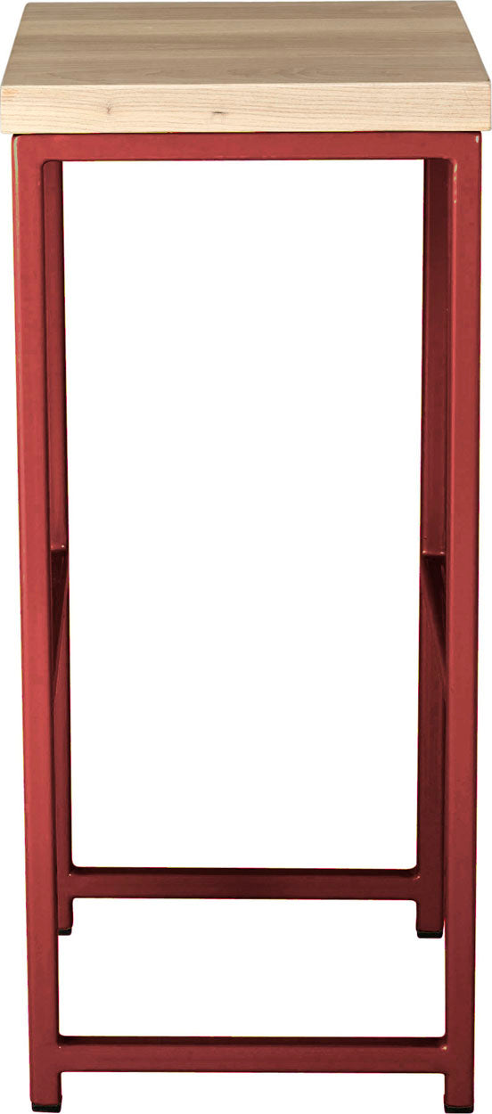 Crimson red metal stool with whitewash stain ash wood made in UK - side view square frame