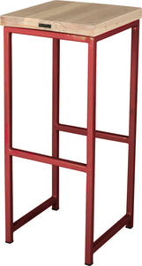 Crimson red metal stool with whitewash stain ash wood made in UK - back side view square frame