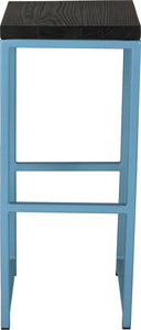 Duck-egg blue metal stool with black stain ash wood made in UK - front view square frame