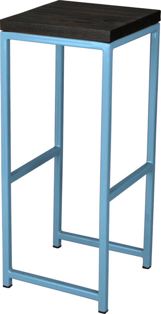 Duck-egg blue metal stool with black stain ash wood made in UK - angle view square frame