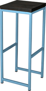 Duck-egg blue metal stool with black stain ash wood made in UK - angle view square frame