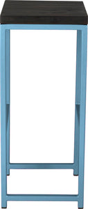 Duck-egg blue metal stool with black stain ash wood made in UK - side view square frame