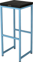 Load image into Gallery viewer, Duck-egg blue metal stool with black stain ash wood made in UK - back side view square frame
