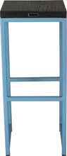 Load image into Gallery viewer, Duck-egg blue metal stool with black stain ash wood made in UK - back view square frame
