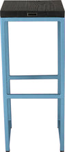 Load image into Gallery viewer, Duck-egg blue metal stool with black stain ash wood made in UK - back view square frame
