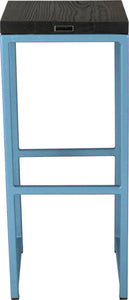 Duck-egg blue metal stool with black stain ash wood made in UK - back view square frame