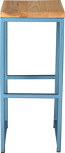 Load image into Gallery viewer, Duck-egg blue metal stool with natural stain ash wood made in UK - front view square frame
