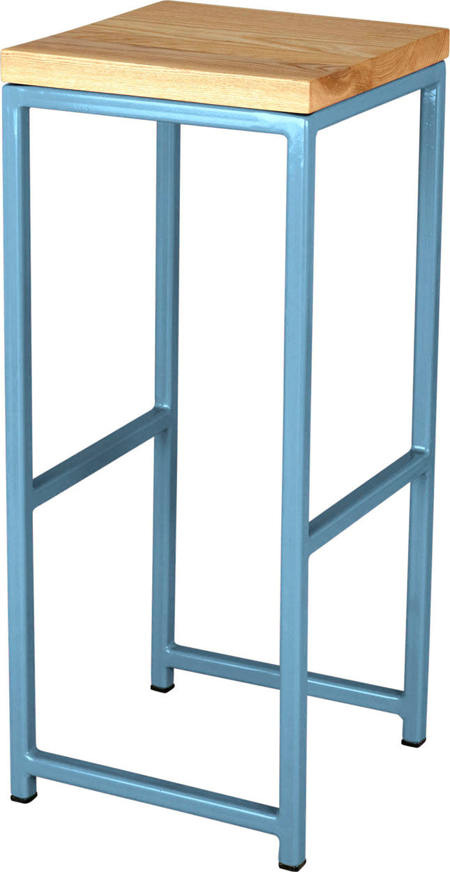 Duck-egg blue metal stool with natural stain ash wood made in UK - angle view square frame
