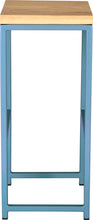 Load image into Gallery viewer, Duck-egg blue metal stool with natural stain ash wood made in UK - side view square frame
