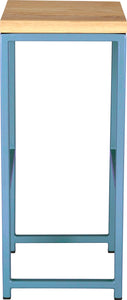 Duck-egg blue metal stool with natural stain ash wood made in UK - side view square frame