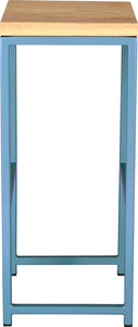 Duck-egg blue metal stool with natural stain ash wood made in UK - side view square frame