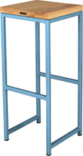 Load image into Gallery viewer, Duck-egg blue metal stool with natural stain ash wood made in UK - back side view square frame
