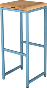 Duck-egg blue metal stool with natural stain ash wood made in UK - back side view square frame