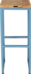 Duck-egg blue metal stool with natural stain ash wood made in UK - back view square frame