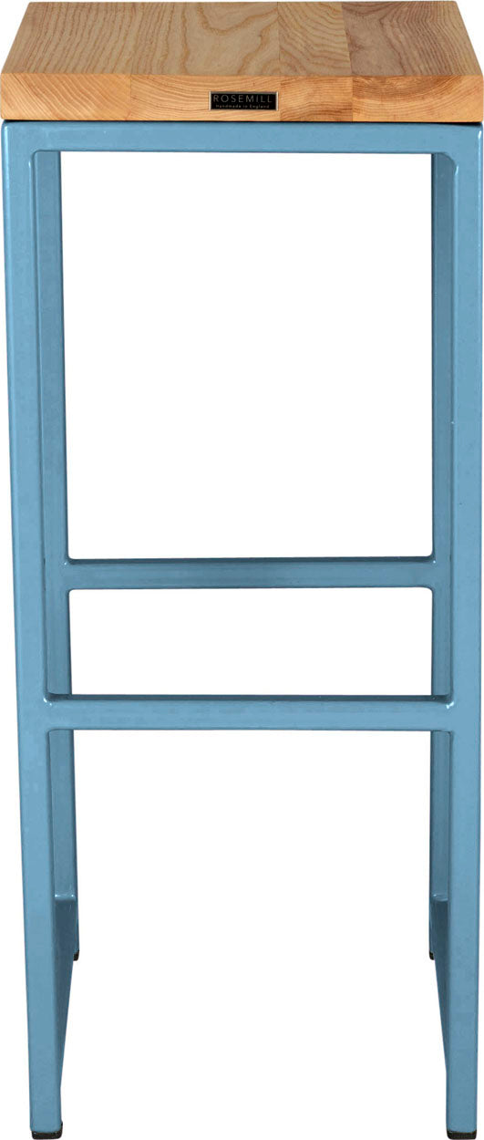 Duck-egg blue metal stool with natural stain ash wood made in UK - back view square frame