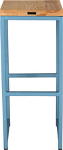 Load image into Gallery viewer, Duck-egg blue metal stool with natural stain ash wood made in UK - back view square frame
