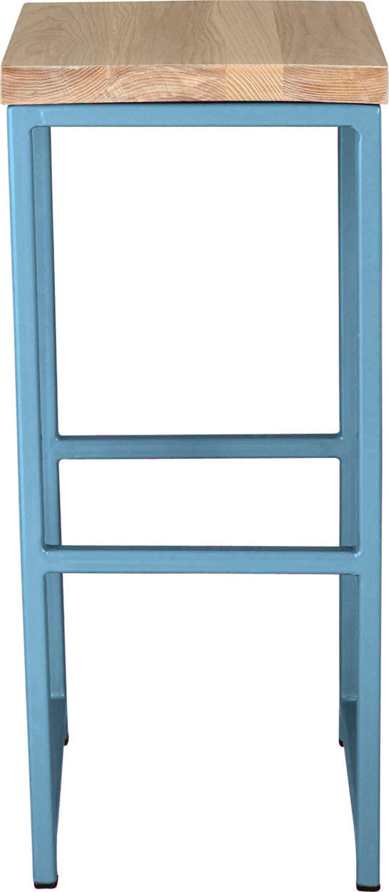 Duck-egg blue metal stool with whitewash stain ash wood made in UK - front view square frame