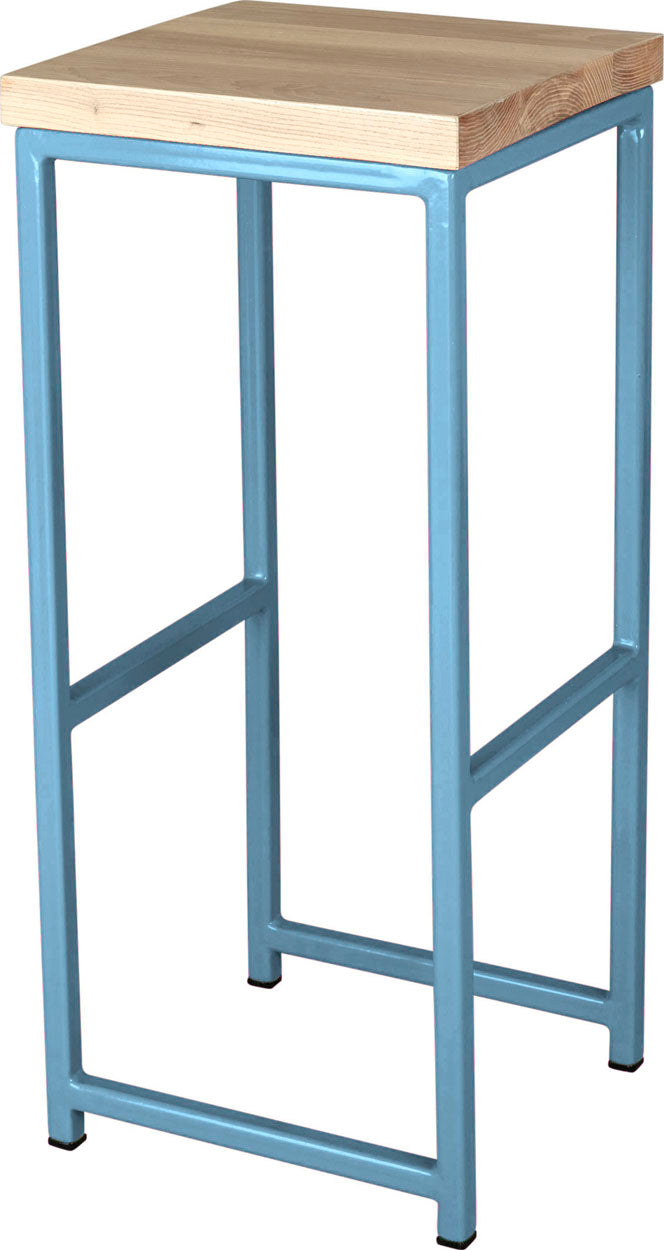 Duck-egg blue metal stool with whitewash stain ash wood made in UK - angle view square frame