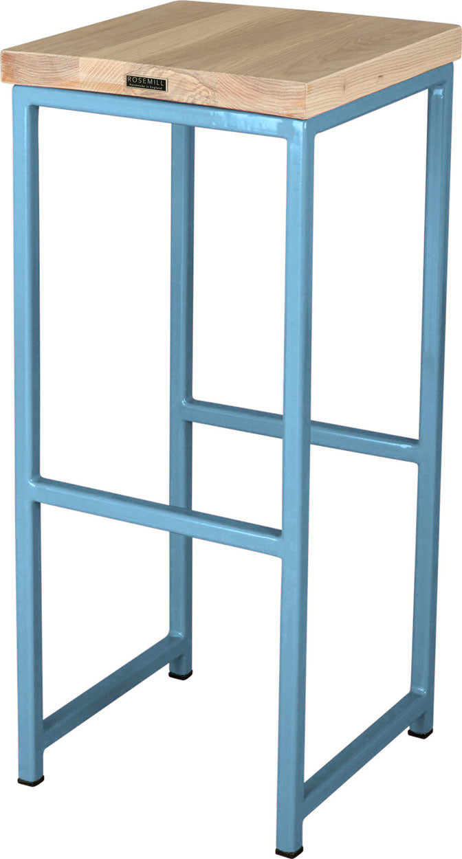 Duck-egg blue metal stool with whitewash stain ash wood made in UK - back side view square frame