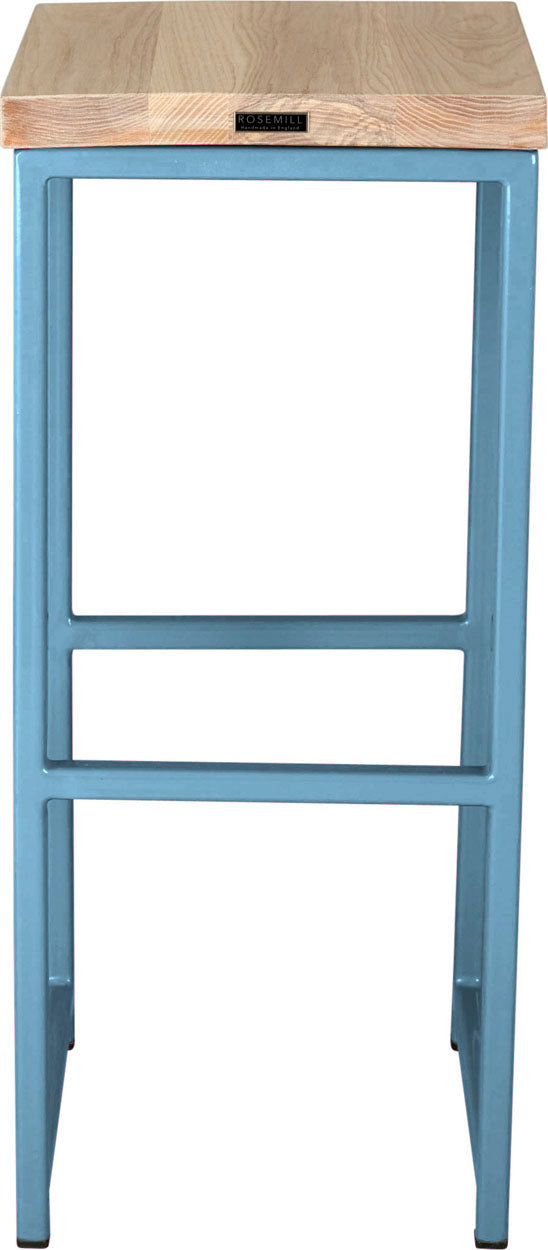 Duck-egg blue metal stool with whitewash stain ash wood made in UK - back view square frame