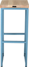Load image into Gallery viewer, Duck-egg blue metal stool with whitewash stain ash wood made in UK - back view square frame
