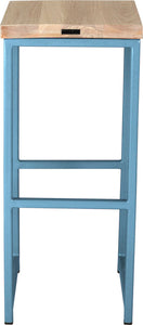 Duck-egg blue metal stool with whitewash stain ash wood made in UK - back view square frame
