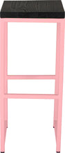 Load image into Gallery viewer, Pink metal stool with black stain ash wood made in UK - front view square frame
