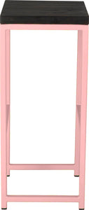 Pink metal stool with black stain ash wood made in UK - side view square frame