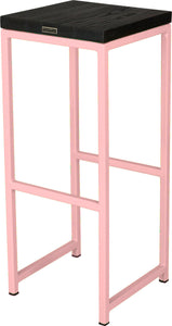 Pink metal stool with black stain ash wood made in UK - back side view square frame