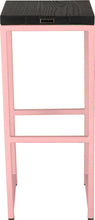 Load image into Gallery viewer, Pink metal stool with black stain ash wood made in UK - back view square frame
