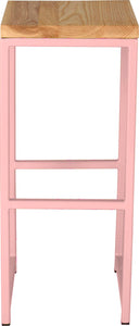 Pink metal stool with natural stain ash wood made in UK - front view square frame