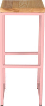 Load image into Gallery viewer, Pink metal stool with natural stain ash wood made in UK - front view square frame
