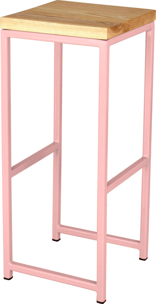 Pink metal stool with natural stain ash wood made in UK - angle view square frame