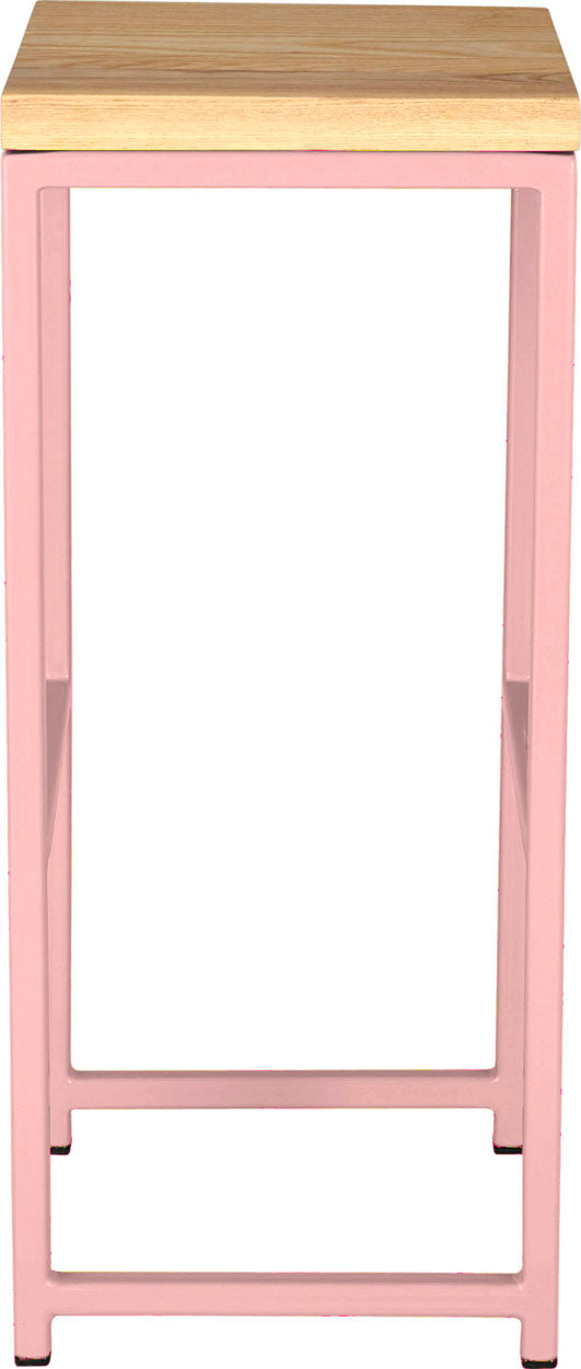 Pink metal stool with natural stain ash wood made in UK - side view square frame
