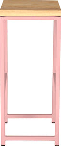 Pink metal stool with natural stain ash wood made in UK - side view square frame