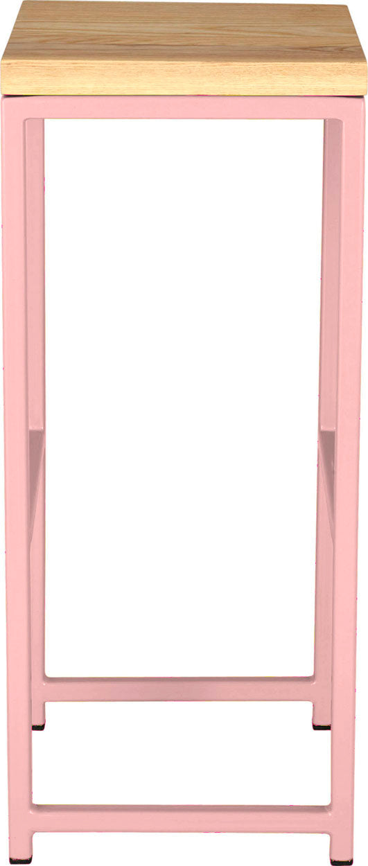 Pink metal stool with natural stain ash wood made in UK - side view square frame