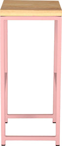 Pink metal stool with natural stain ash wood made in UK - side view square frame