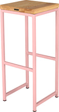 Load image into Gallery viewer, Pink metal stool with natural stain ash wood made in UK - back side view square frame
