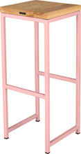 Load image into Gallery viewer, Pink metal stool with natural stain ash wood made in UK - back side view square frame
