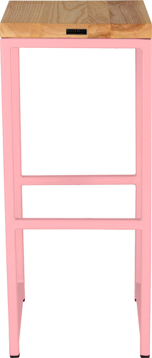 Pink metal stool with natural stain ash wood made in UK - back view square frame