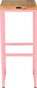 Pink metal stool with natural stain ash wood made in UK - back view square frame